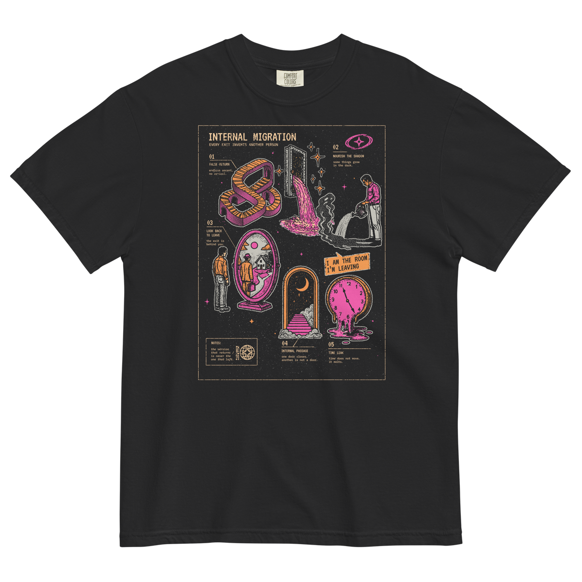 Internal Migration — front view, identity dark art graphic tee, black garment dyed, edition of 50