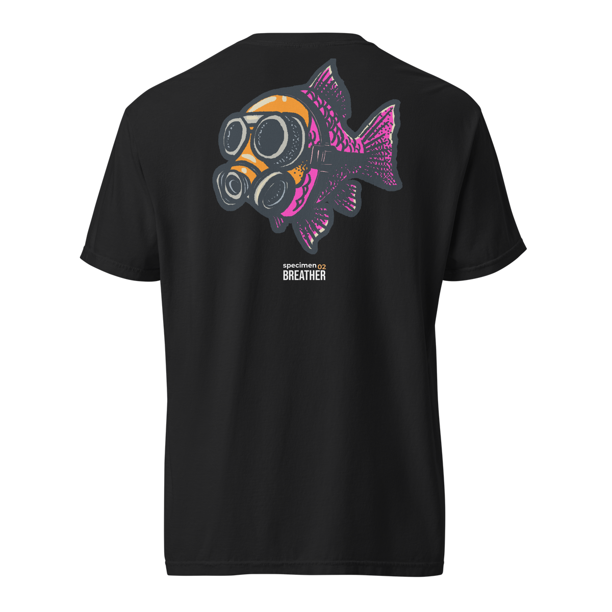 Specimen 02 Breather — back view, gas mask fish illustration, black garment dyed heavyweight tee