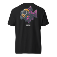 Specimen 02 Breather — back view, gas mask fish illustration, black garment dyed heavyweight tee