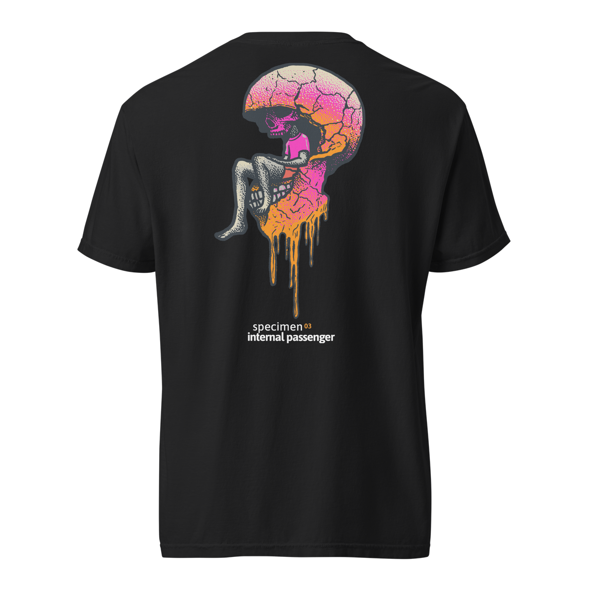 Specimen 03 Internal Passenger — back view, skull drip illustration, black garment dyed heavyweight tee
