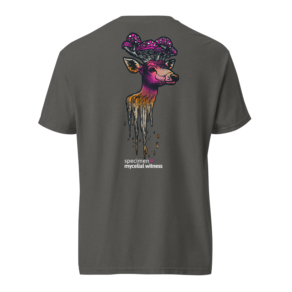 Specimen 01 Mycelial Witness — back view, deer skull mushroom dark art, garment dyed heavyweight tee, pepper