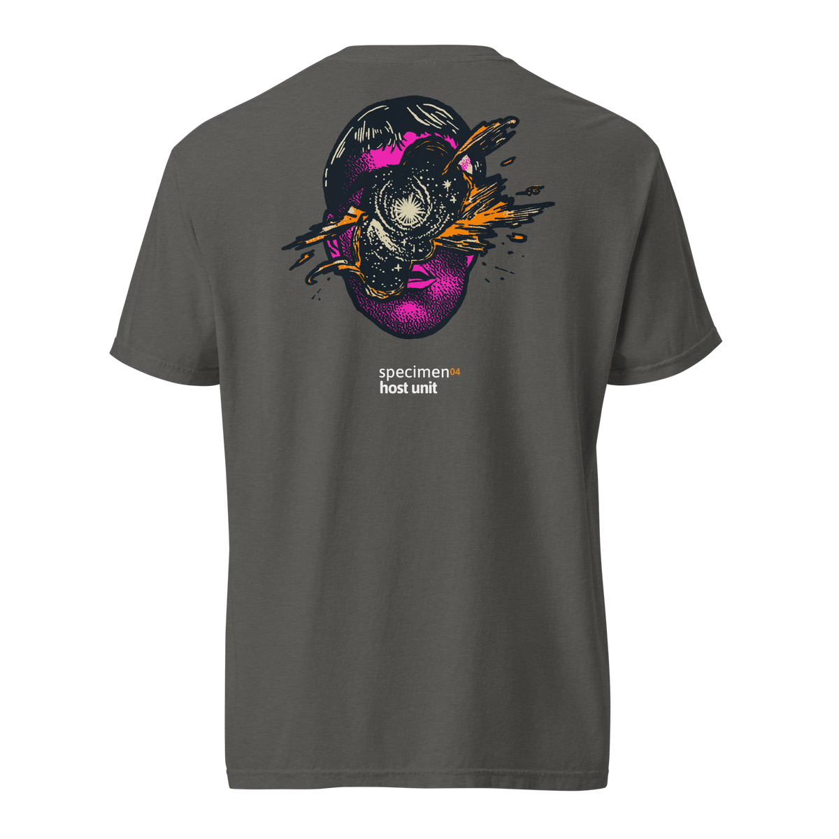 Specimen 04 Host Unit — back view, cosmic eye vessel illustration, pepper garment dyed heavyweight tee